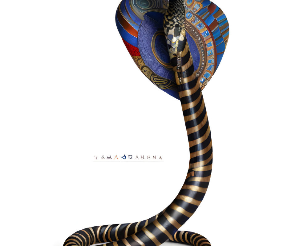 Stylized cobra with Egyptian Pharaoh design in blue and gold on white background