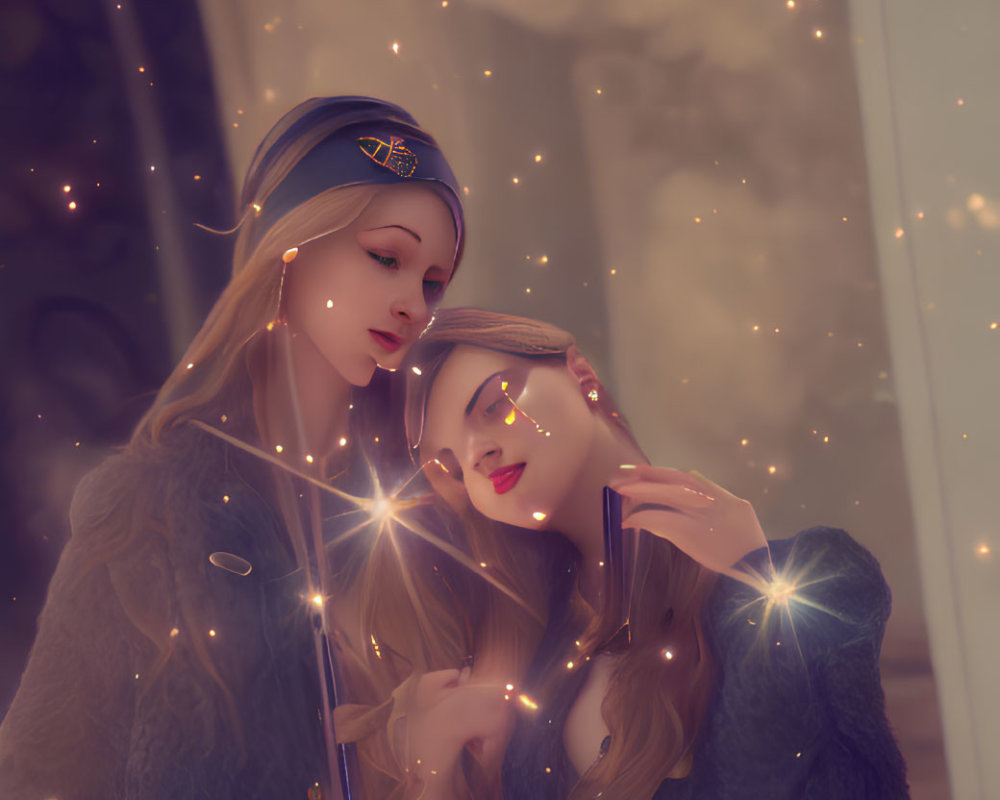 Two women in elegant attire posing by a balcony with glittering lights.