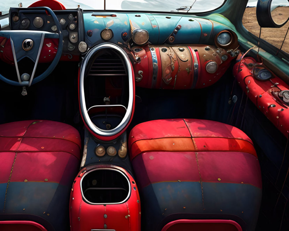 Colorful Vintage Car Interior with Red and Blue Leather Seats