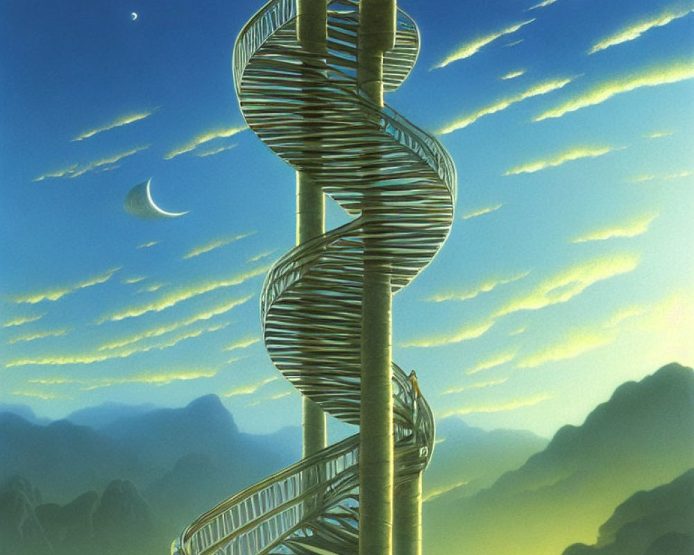 Spiraling staircase under crescent moon and mountains at twilight