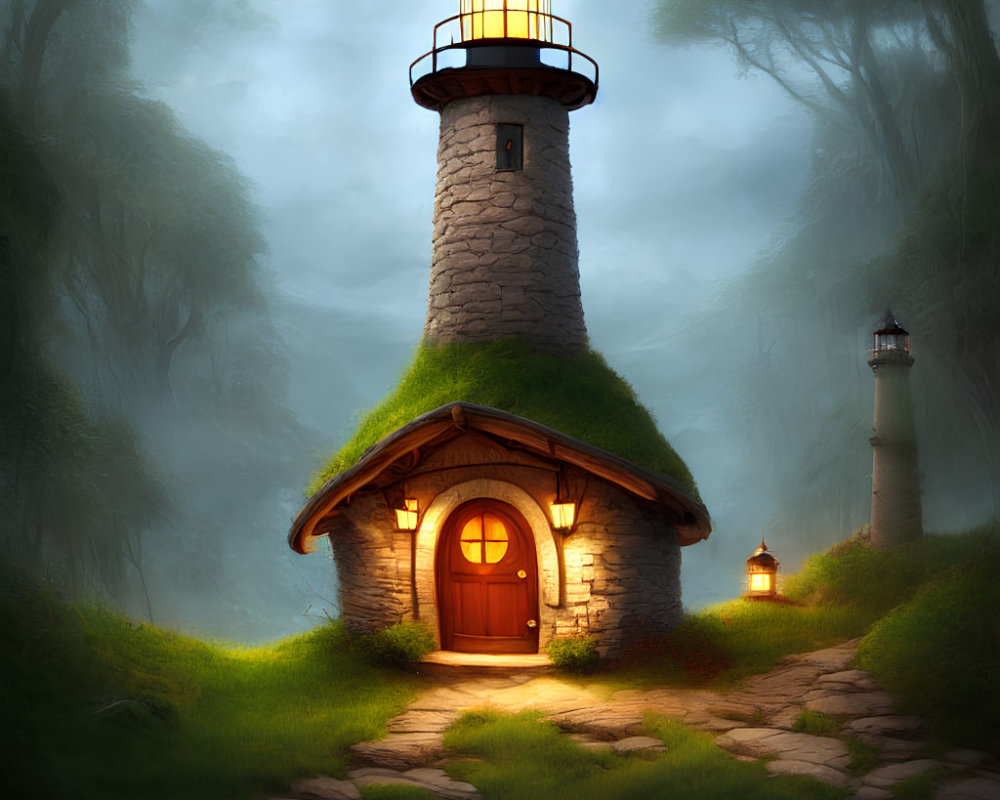 Whimsical stone lighthouse in misty forest under moonlit sky