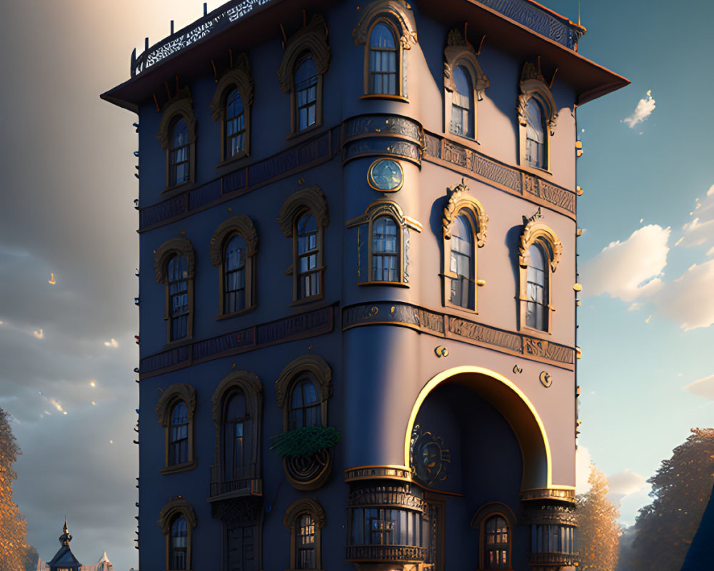 Whimsical narrow building with circular windows and ornate balconies at sunset