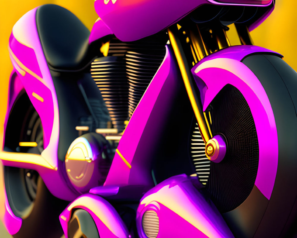 Futuristic Purple Motorcycle with Large Front Wheel on Abstract Yellow Background