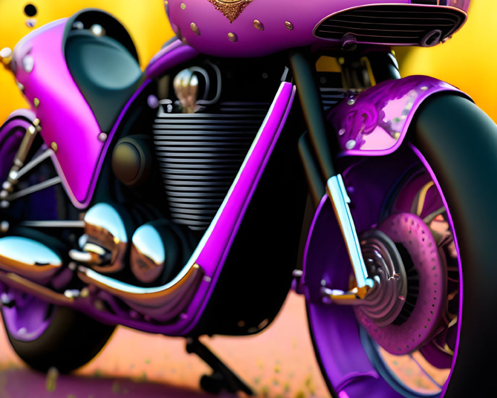 Purple Motorcycle with Ornate Designs in Field of Yellow Flowers