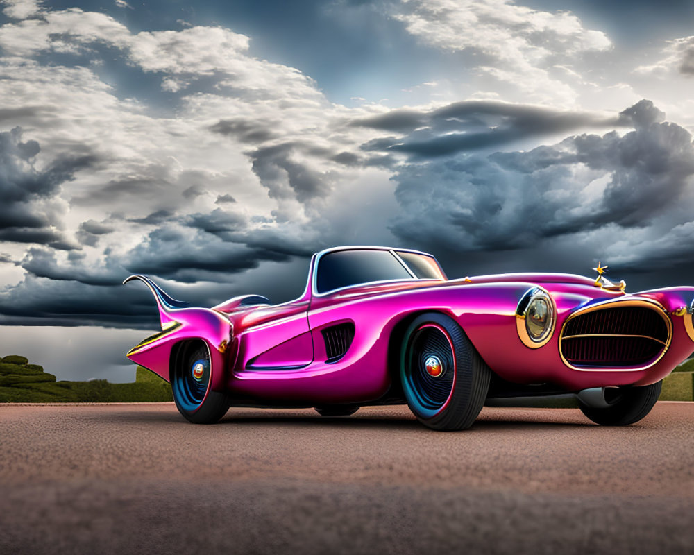 Pink classic convertible with exaggerated tailfins under dramatic cloudy sky