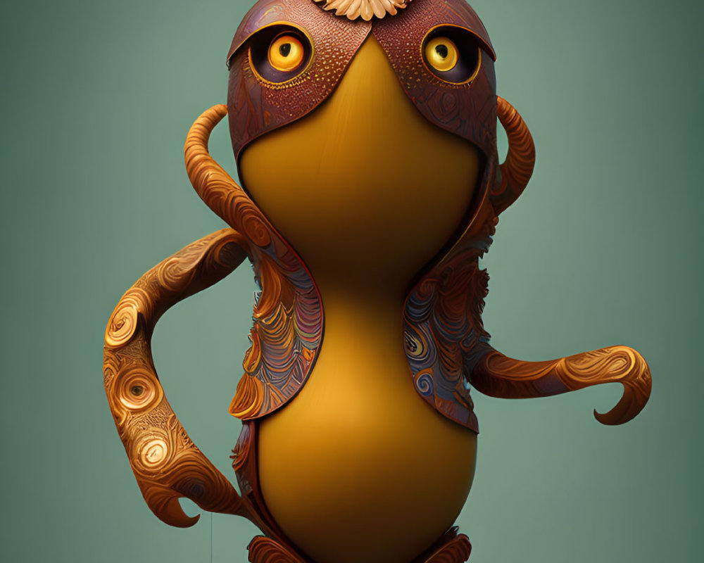 Digital artwork featuring anthropomorphic owl character with ornate patterns, lantern, and leaves