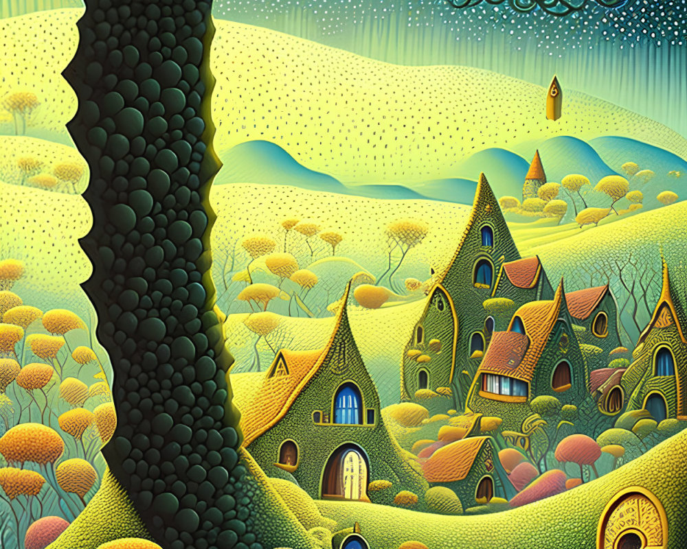 Fantasy landscape with rolling hills, unique trees, and pointed roof houses under a starry sky