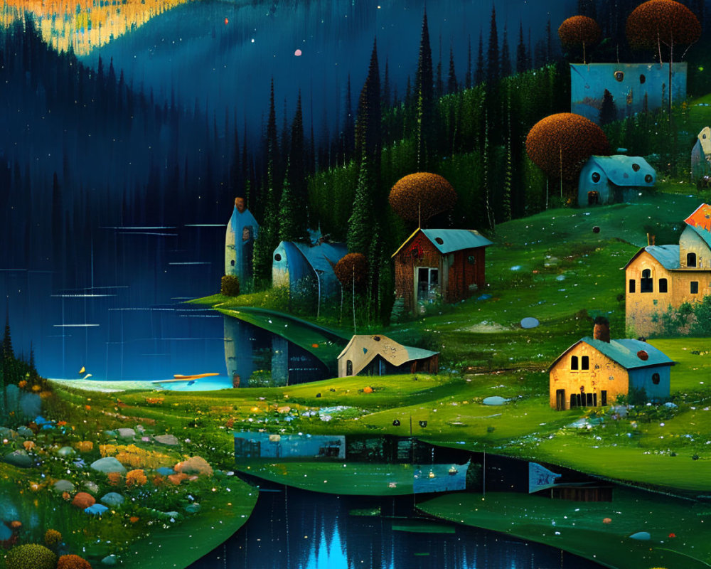 Nighttime digital artwork featuring serene lake, cozy houses, lush greenery, distant hills, and castle