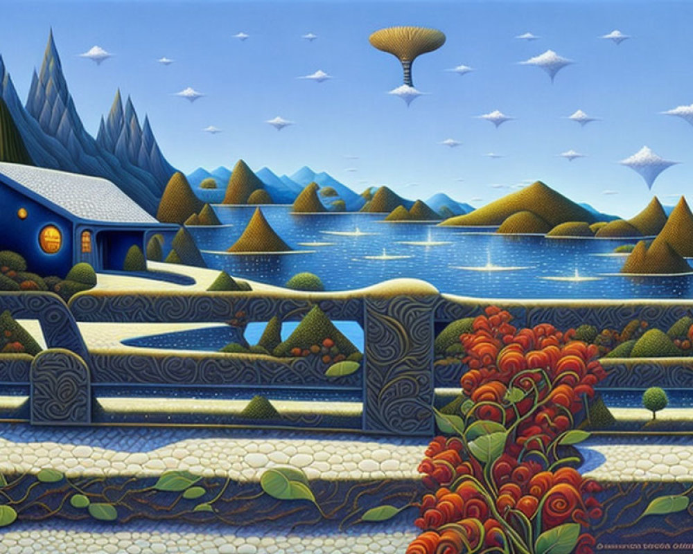 Geometric mountains, blue lake, stylized bridge, and flying objects in surreal landscape