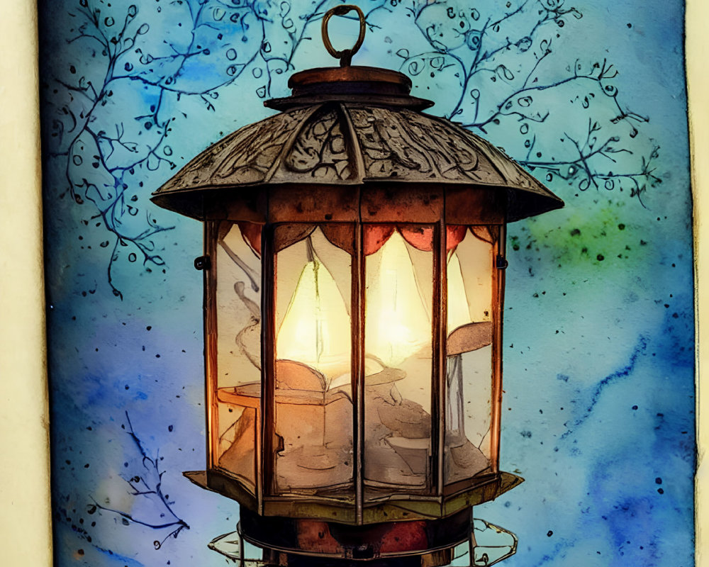 Vintage Lantern Illustration on Whimsical Blue Background with Tree Branches