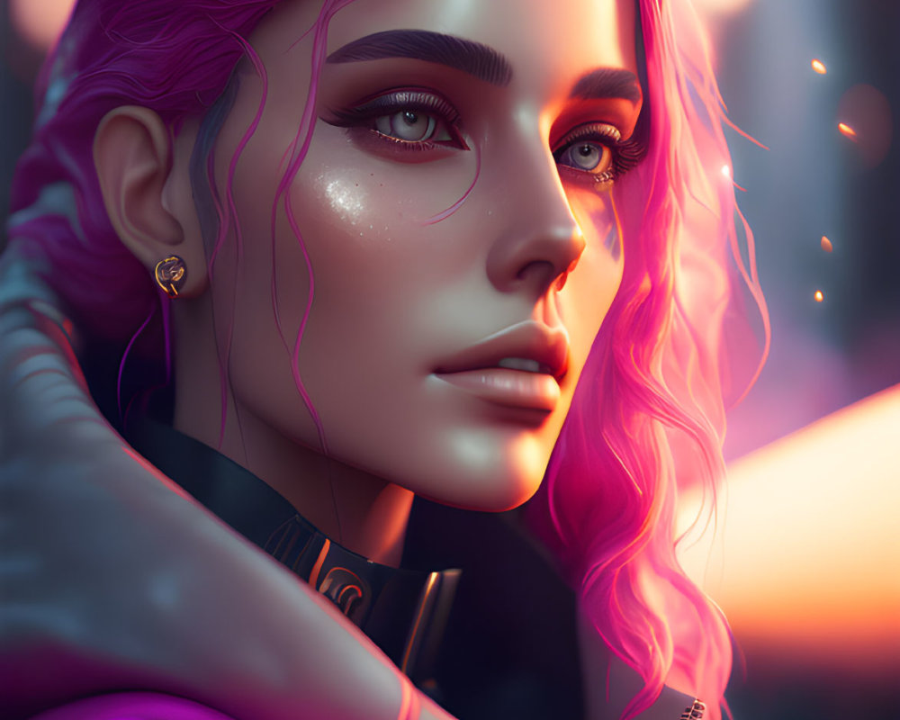 Vibrant pink-haired woman in futuristic cityscape.