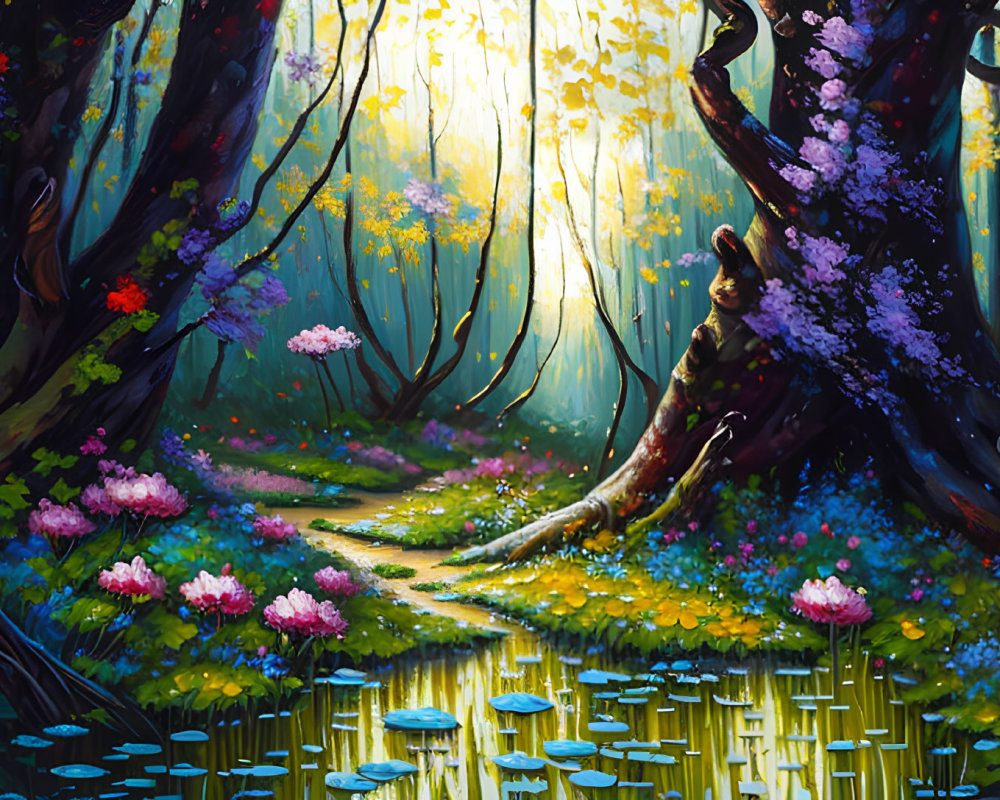 Enchanting forest path with lush foliage and colorful flowers