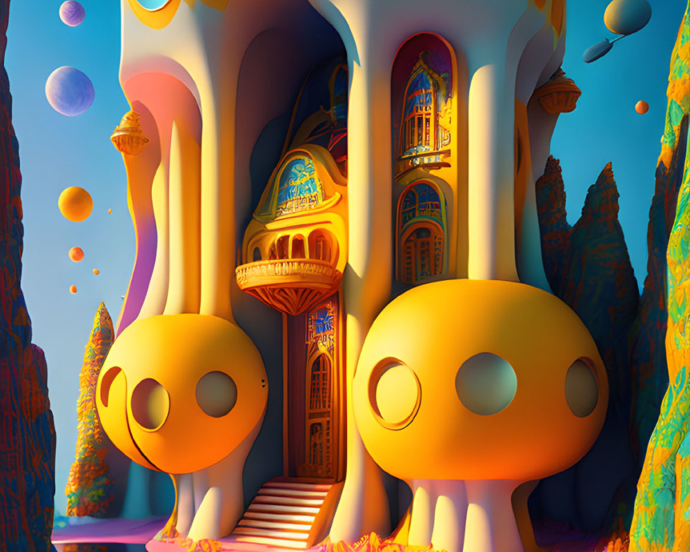 Colorful surreal artwork with golden domes, floating orbs, and rock formations under a blue sky