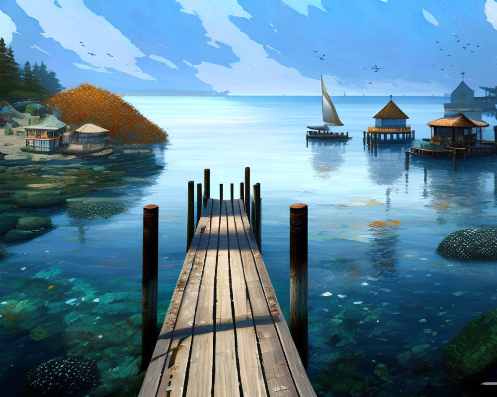 Tranquil lakeside view with wooden dock, houses on stilts, mountains, and sailboat