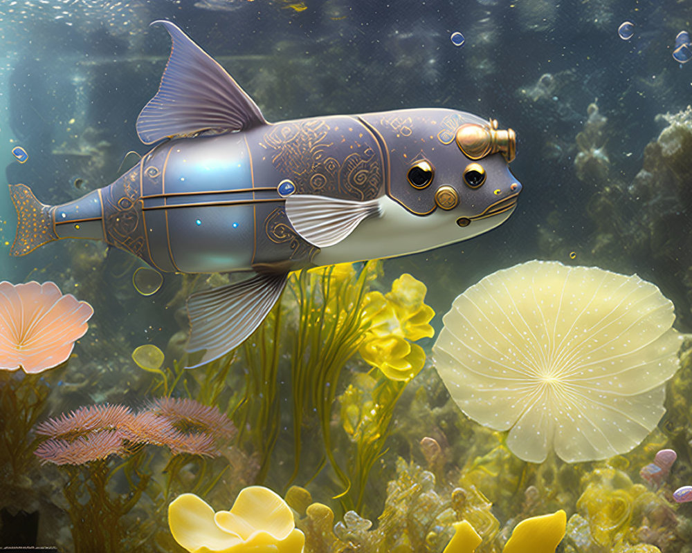 Steampunk-style robotic fish among underwater flora and bubbles