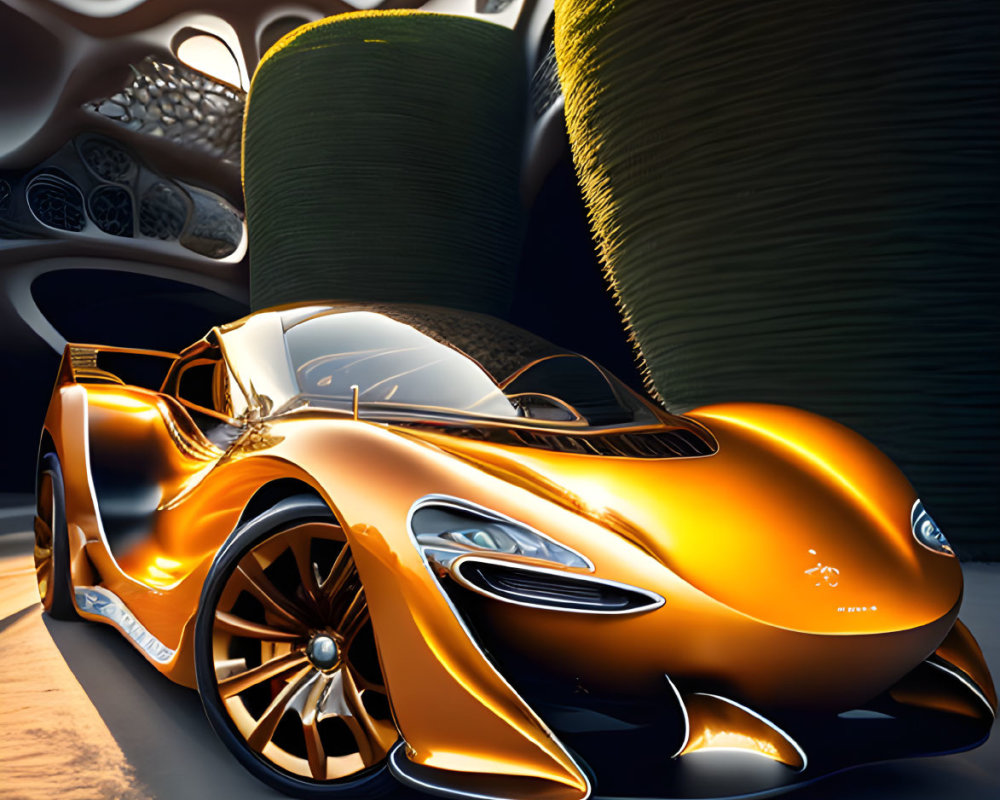 Futuristic orange sports car in front of abstract wave-like structures