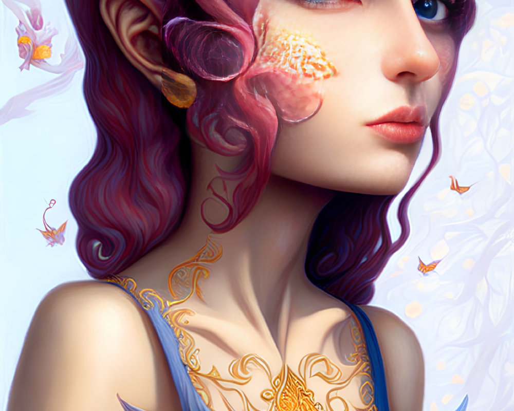 Stylized illustration of woman with pink-purple hair and elfin ears surrounded by butterflies