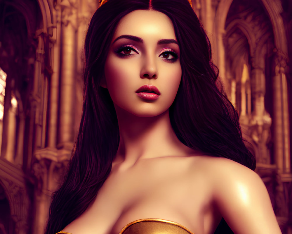 Animated queen with golden crown and bodice in gothic cathedral