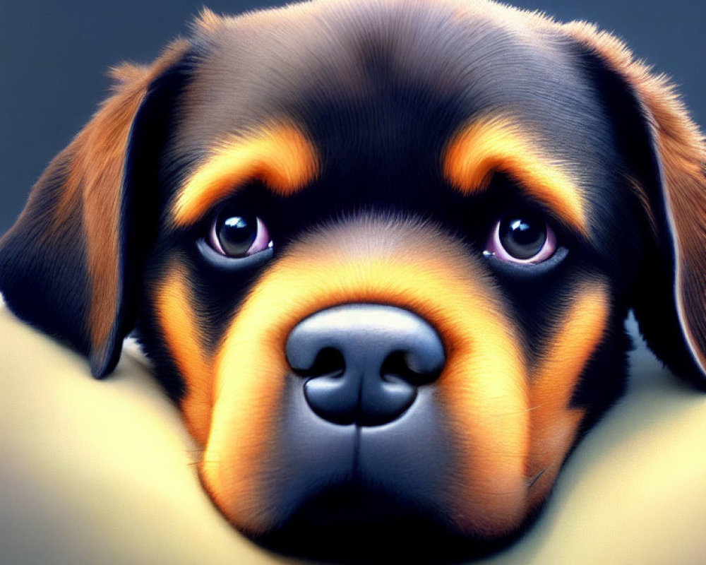 Detailed 3D photorealistic illustration of a Rottweiler puppy with soulful eyes and