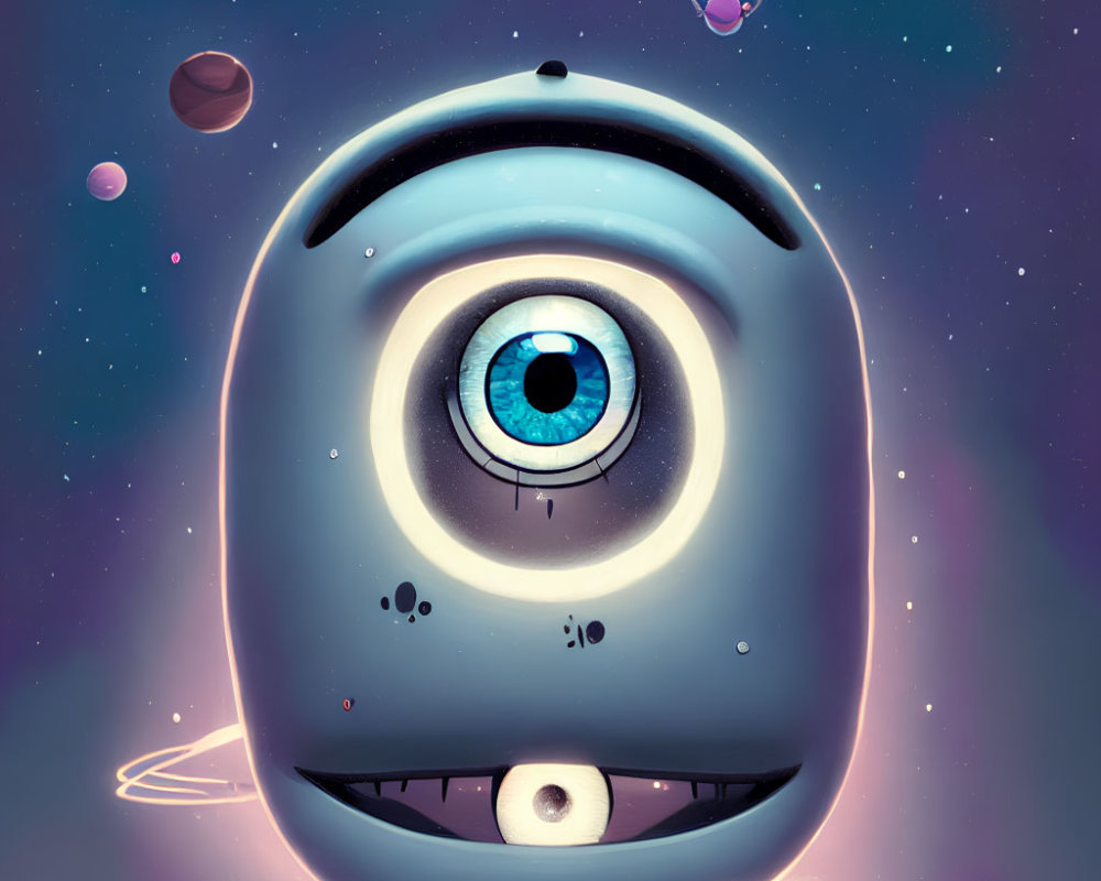 Whimsical large-eyed robot in celestial space with planets and stars