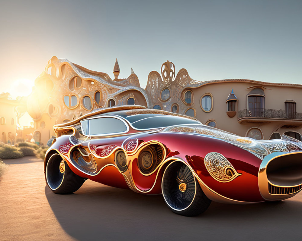 Abstract red and gold futuristic car in front of whimsical architecture at sunrise