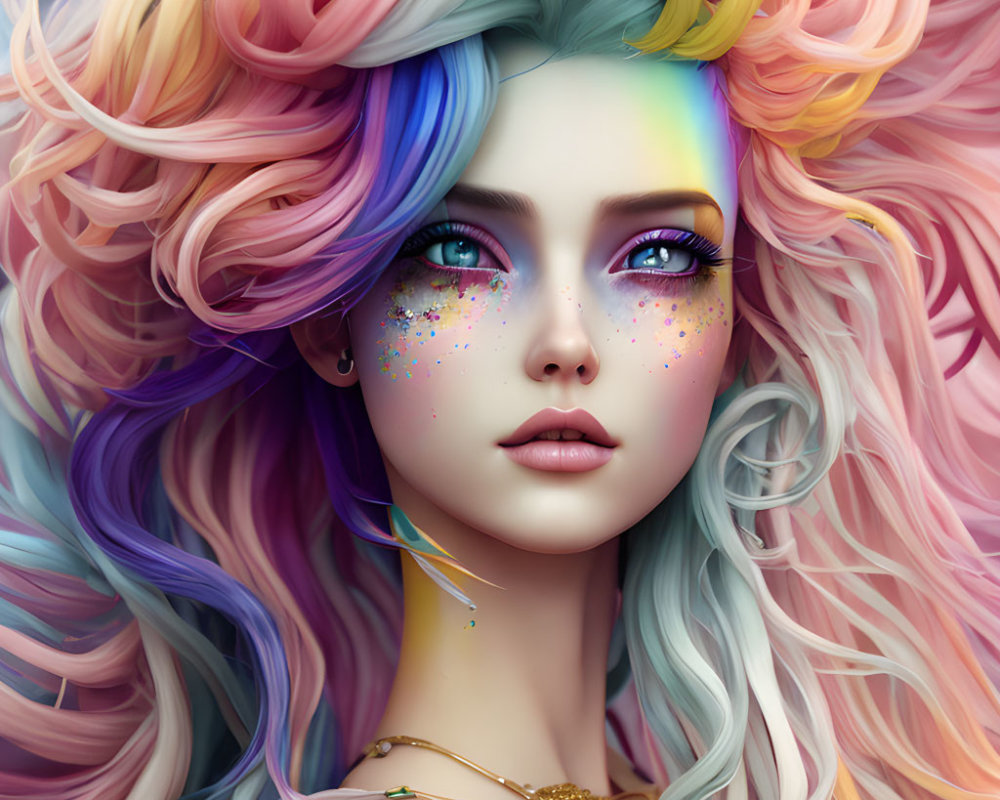 Whimsical young woman with multicolored hair and blue eyes