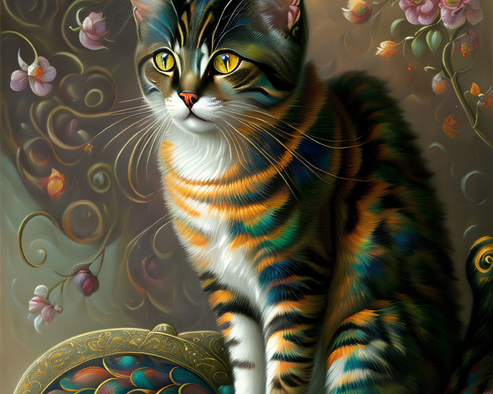 Colorful Digital Painting of Striped Cat on Ornate Surface