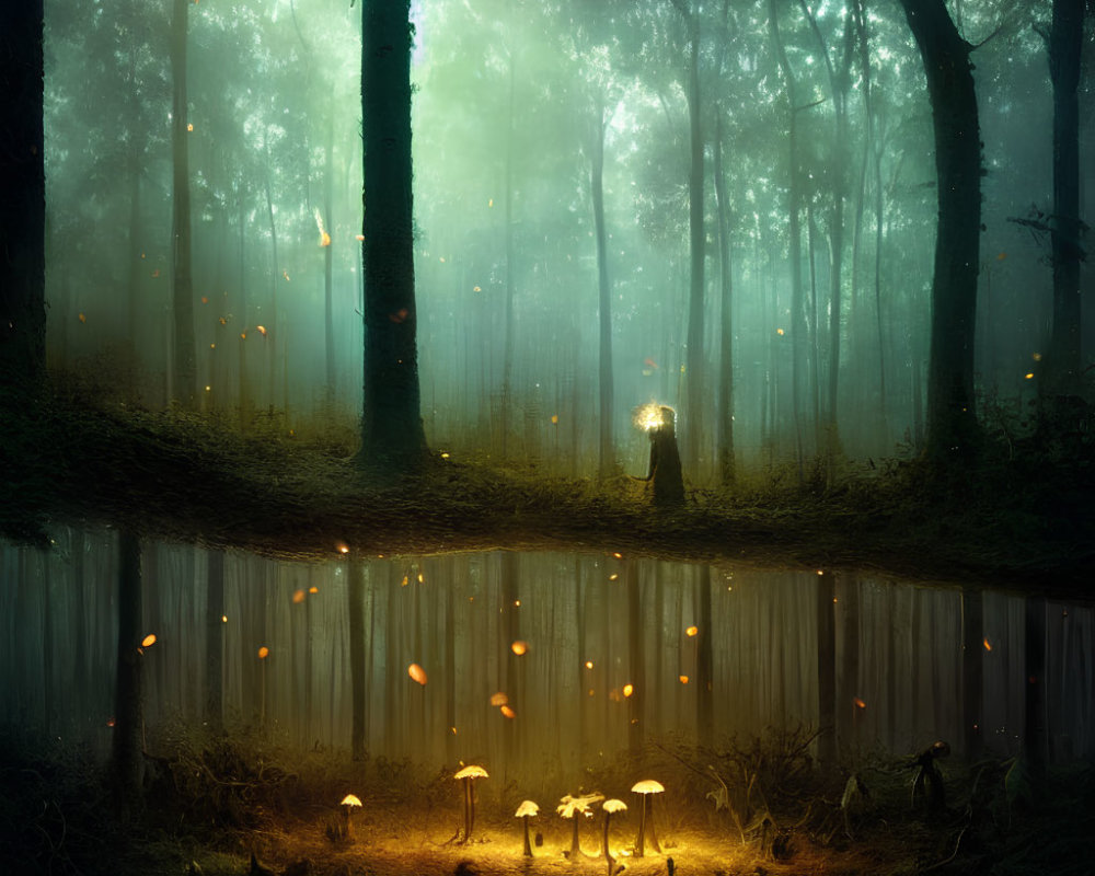 Mystical forest scene with glowing mushrooms and floating lights in mirrored surface