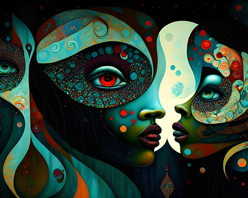 Stylized profile faces with intricate patterns and vivid colors on dark background