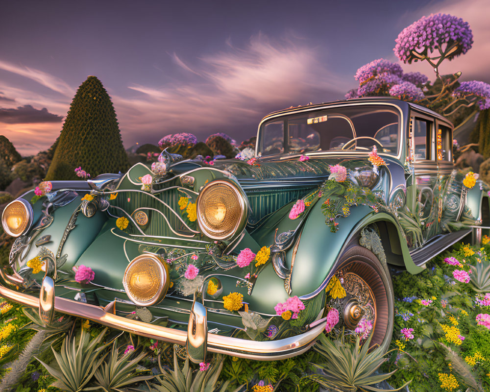 Vintage Car Covered in Flowers in Fantastical Garden with Colorful Sky