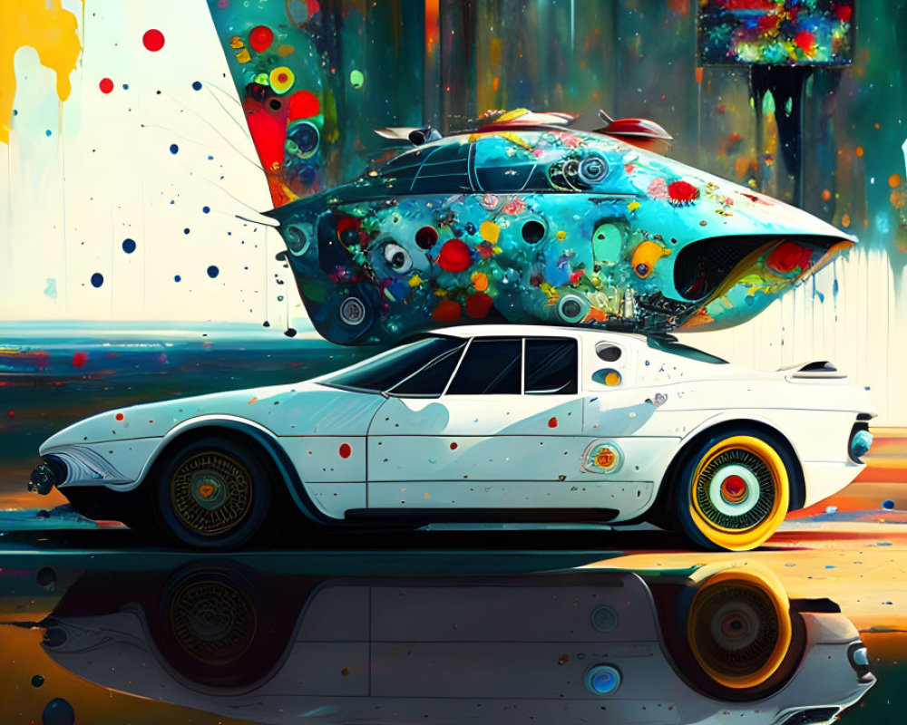 Colorful Surreal Painting of White Sports Car with Butterfly Wings