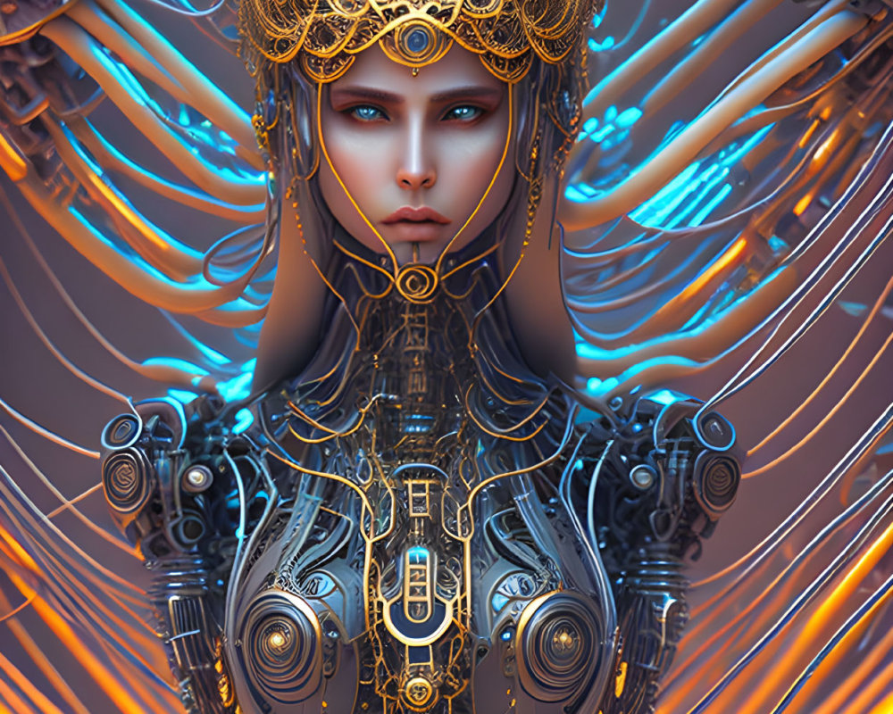 Futuristic female cyborg with golden headgear and glowing blue mechanical tendrils