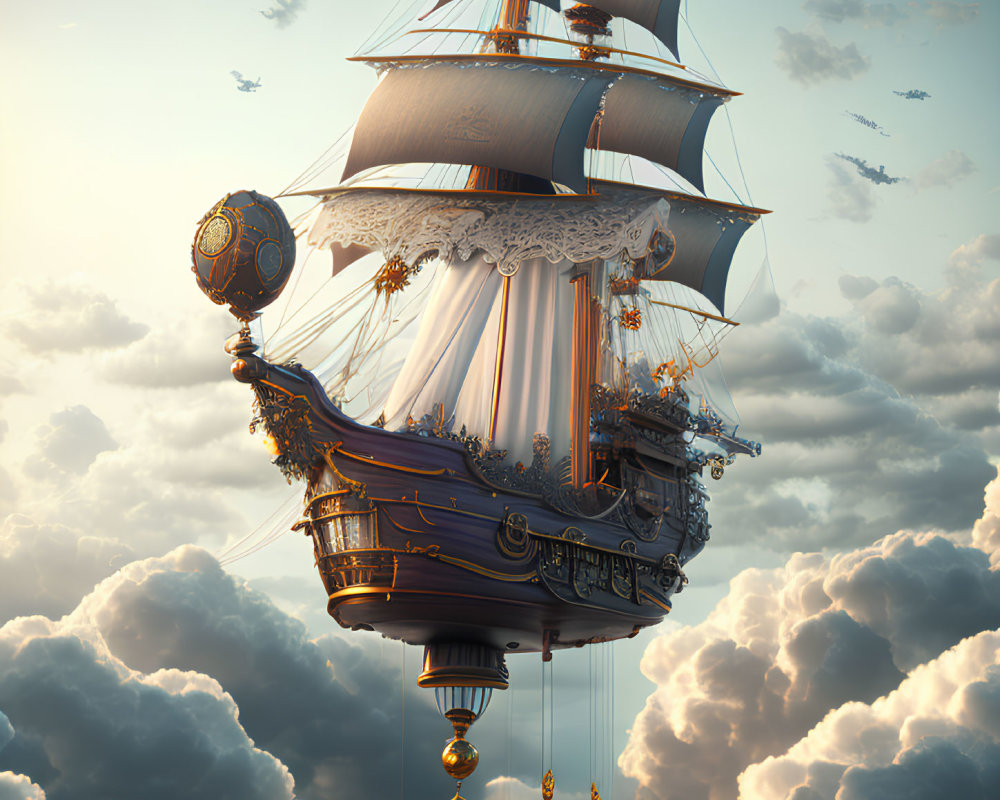 Ornate flying ship with golden embellishments in serene sky