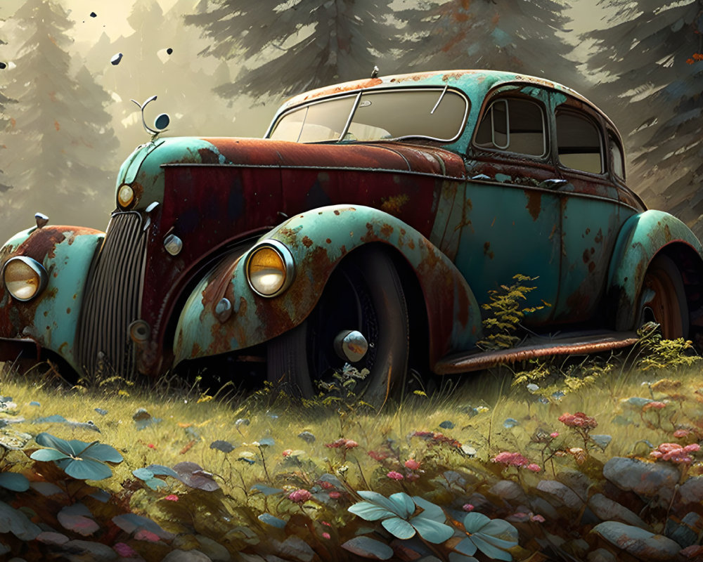 Abandoned vintage car engulfed by nature in a mystical forest