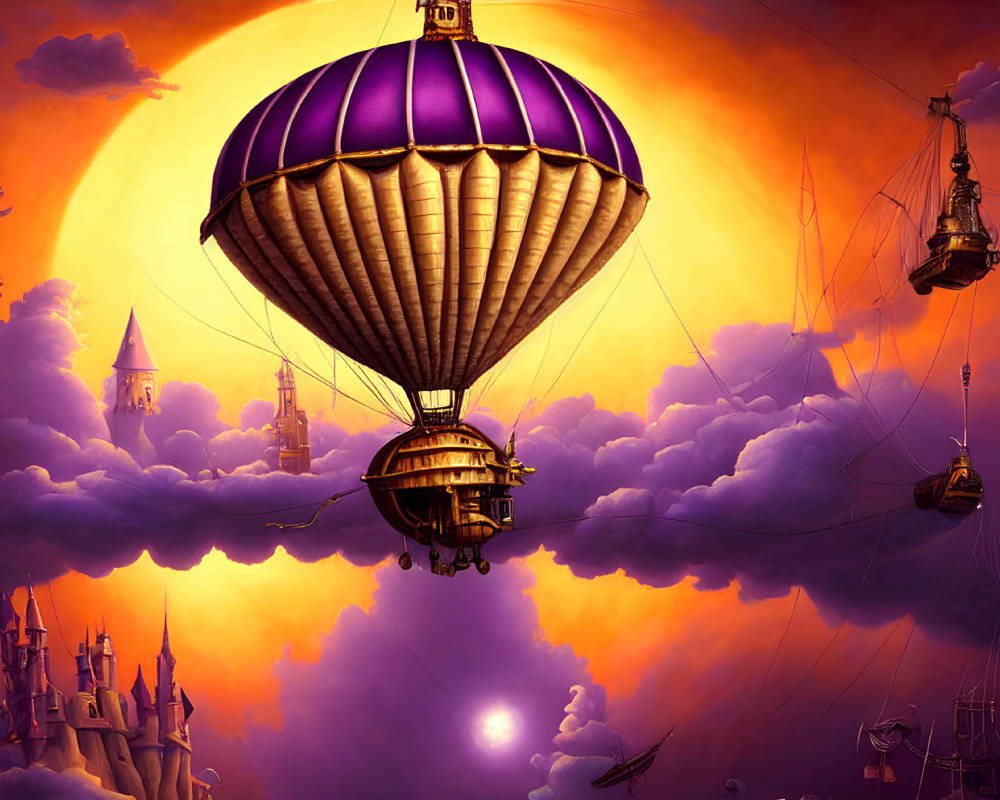 Purple hot air balloon in fantasy sky with clouds, castles, and ships