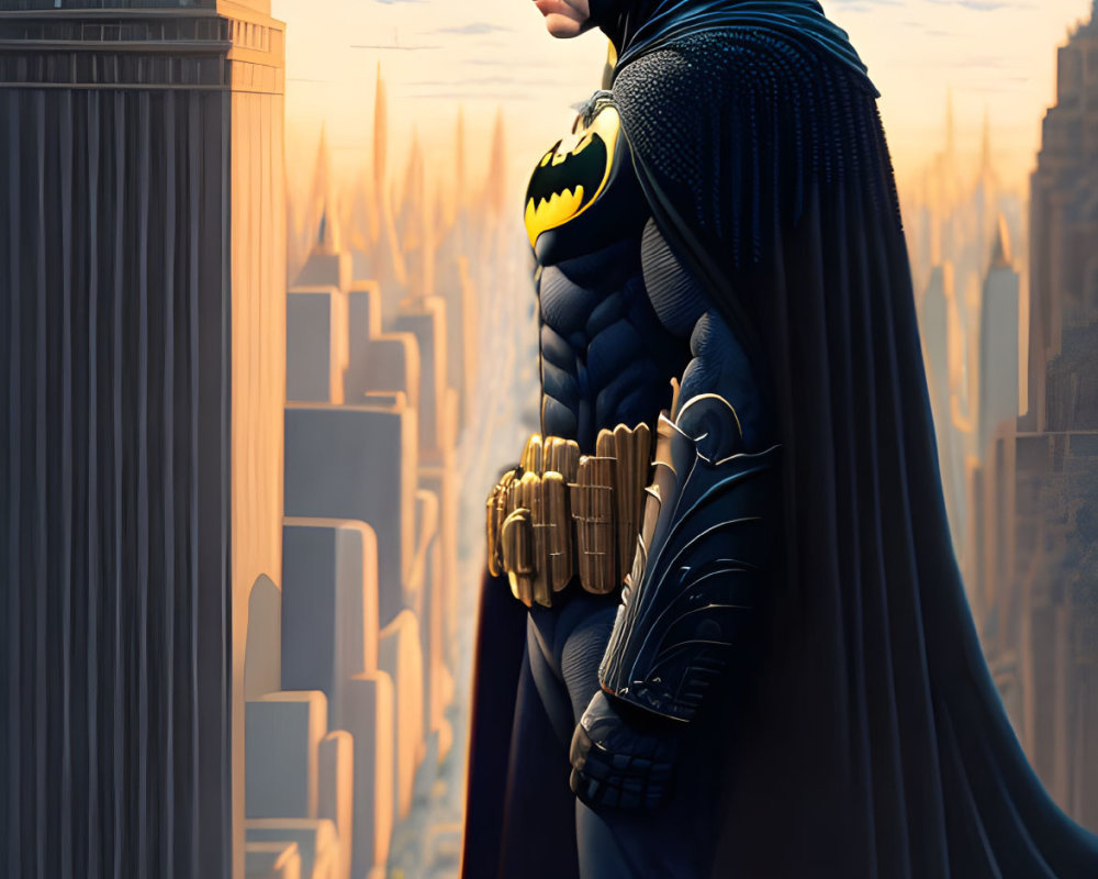 Superhero overlooks Gotham City skyline at sunset