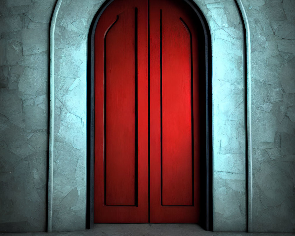 Stone wall with arched wooden double door under blue light