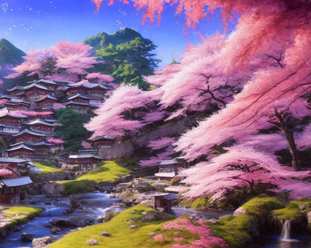 Traditional village with cherry blossoms and waterfall landscape.