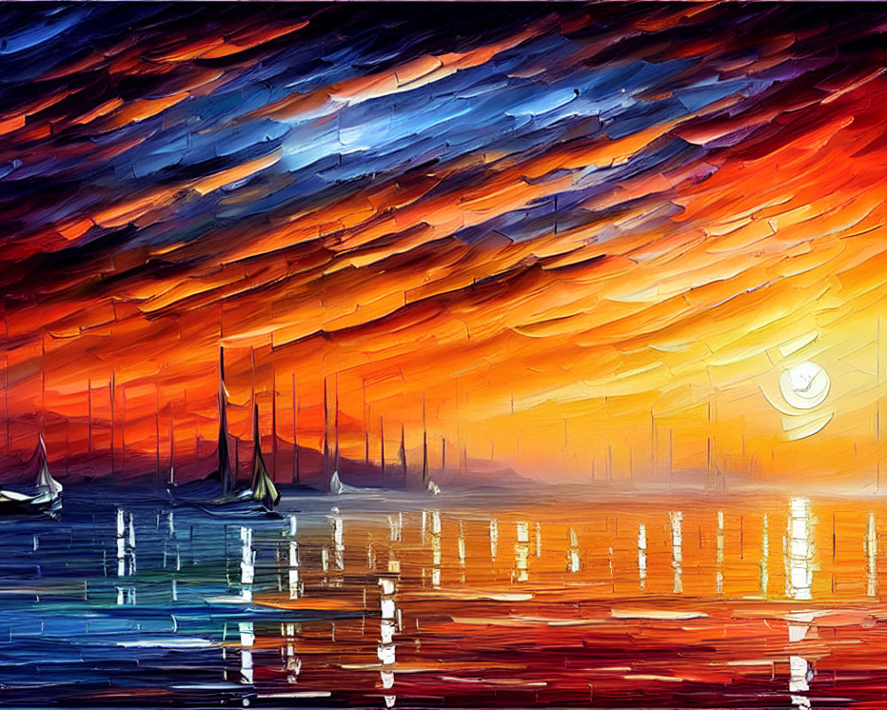 Colorful sailboats painting under dramatic sunset sky.