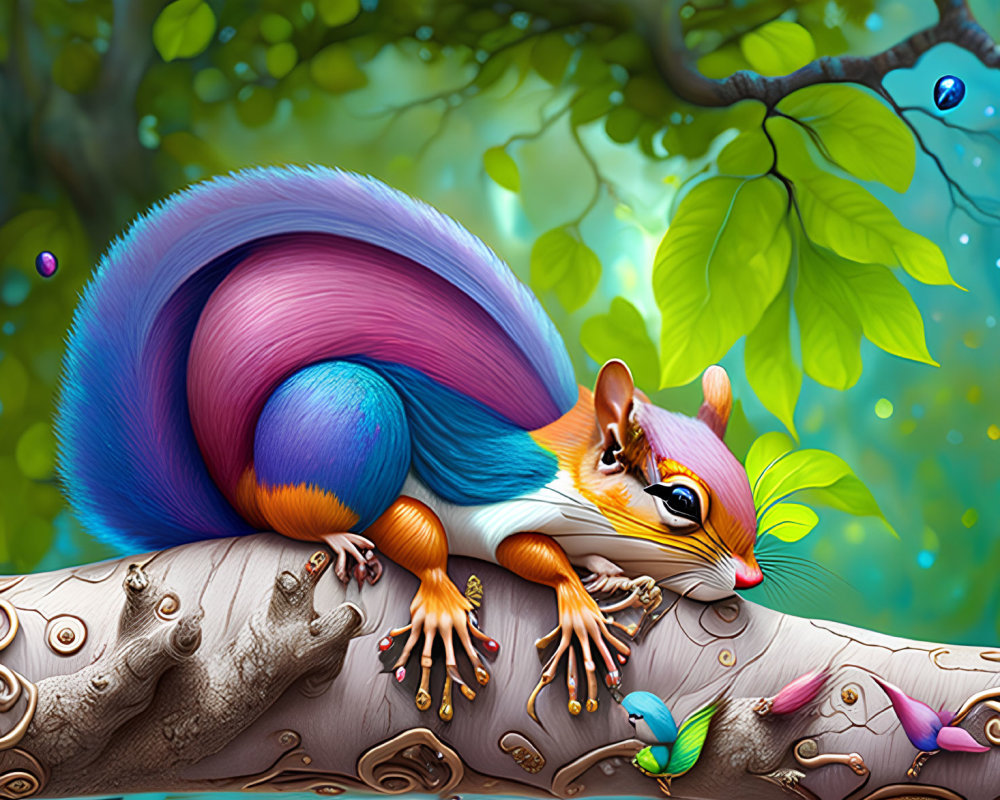 Colorful Stylized Squirrel on Ornate Branch in Fantastical Forest