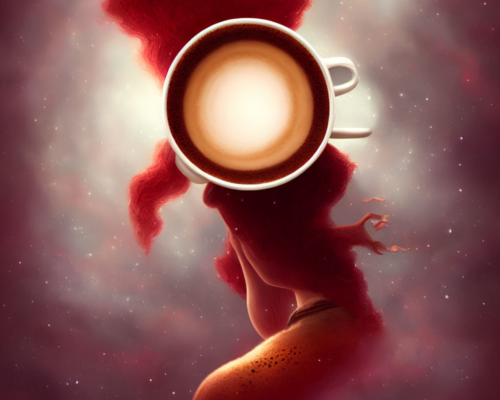 Surreal red-haired woman blending into cosmic backdrop with coffee cup