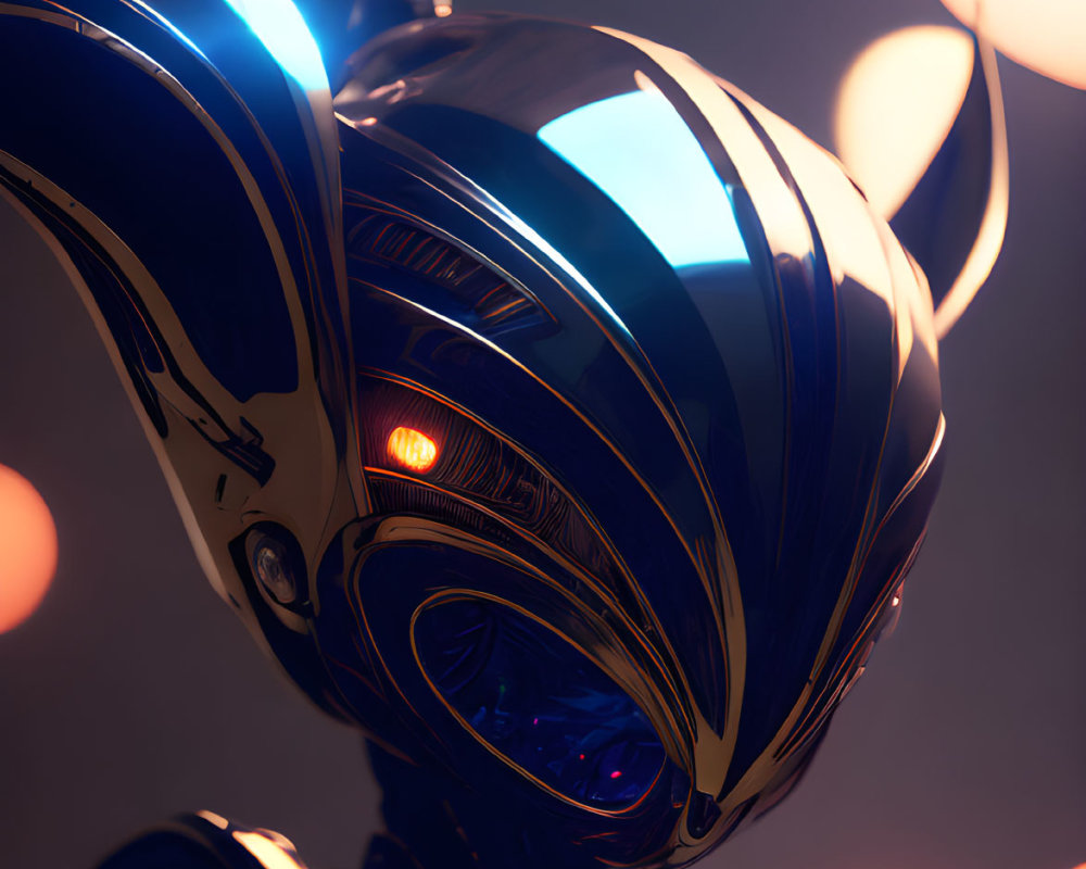 Futuristic robot head with glowing orange eyes and metallic ear accents