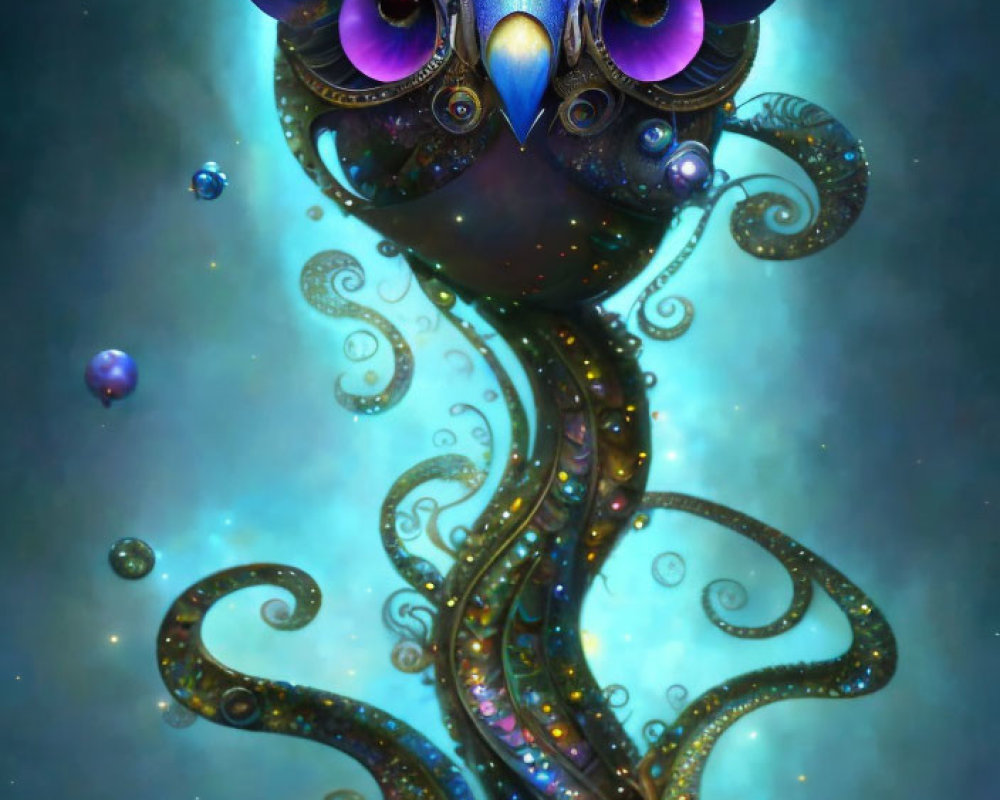 Colorful Owl-Like Creature with Purple Eyes and Tentacles on Starry Background