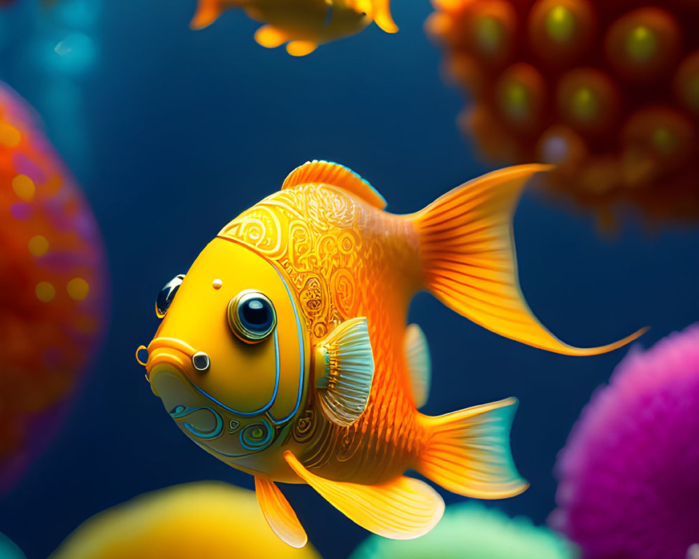 Colorful Digital Artwork: Golden Fish Among Coral in Blue Environment