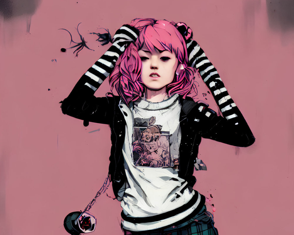 Illustration of person with pink hair in striped sleeves, graphic tee, checkered pants pulling jacket hood