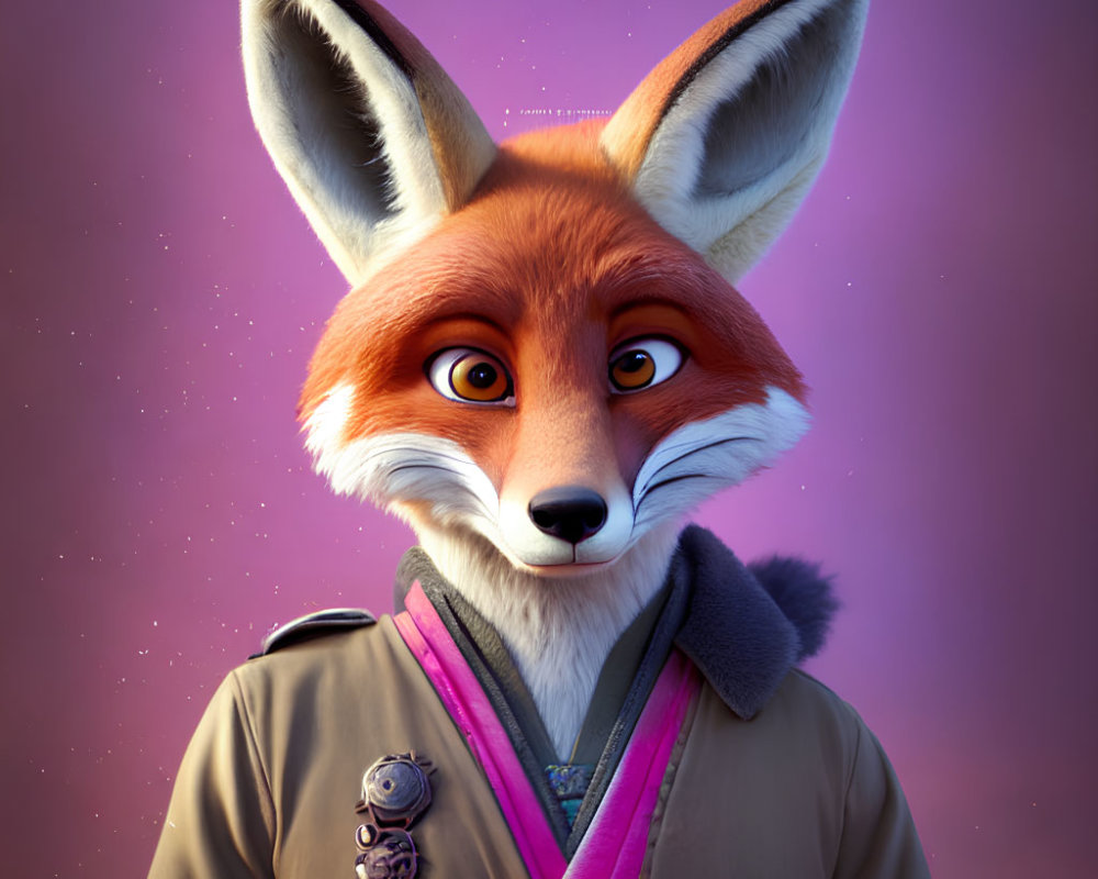 3D rendered fox character in beige uniform with purple sash and medals