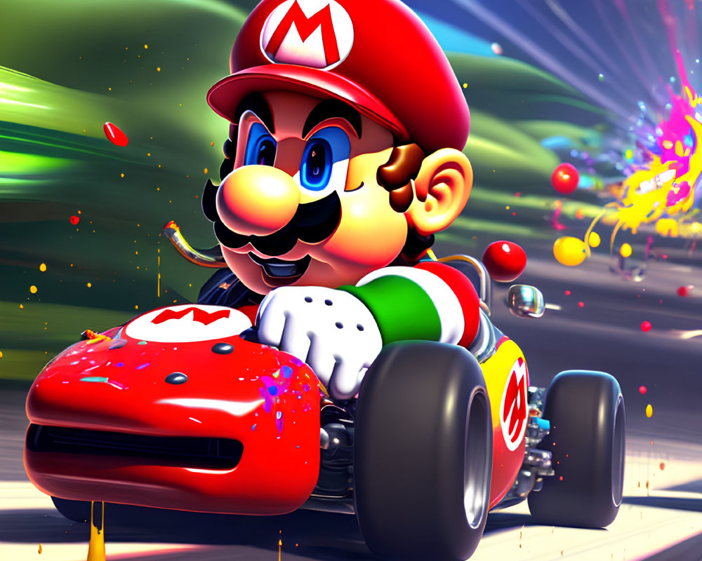 Red Kart Racing with Colorful Streaks and Paint Splashes