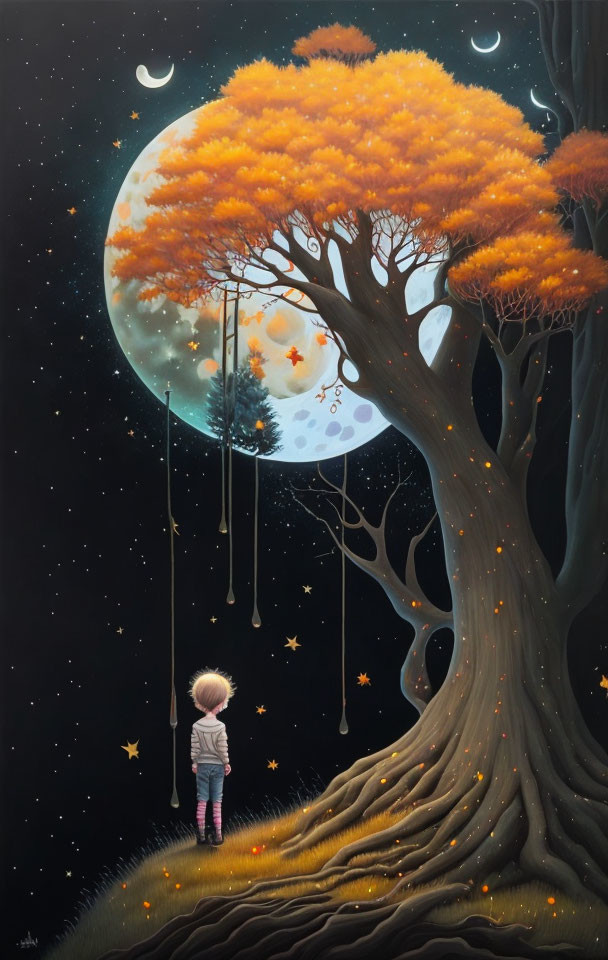 Child admires large moon, swing under autumn tree, starlit night sky