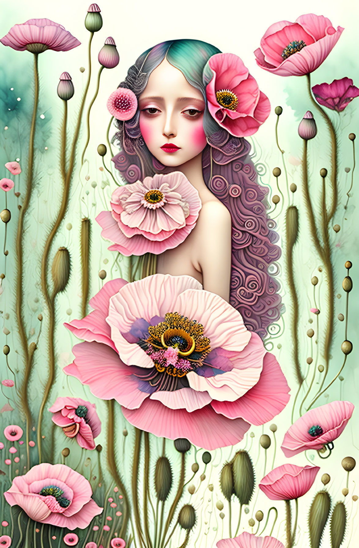 Illustrated portrait of woman with long curly hair in fantasy setting with pink flowers.