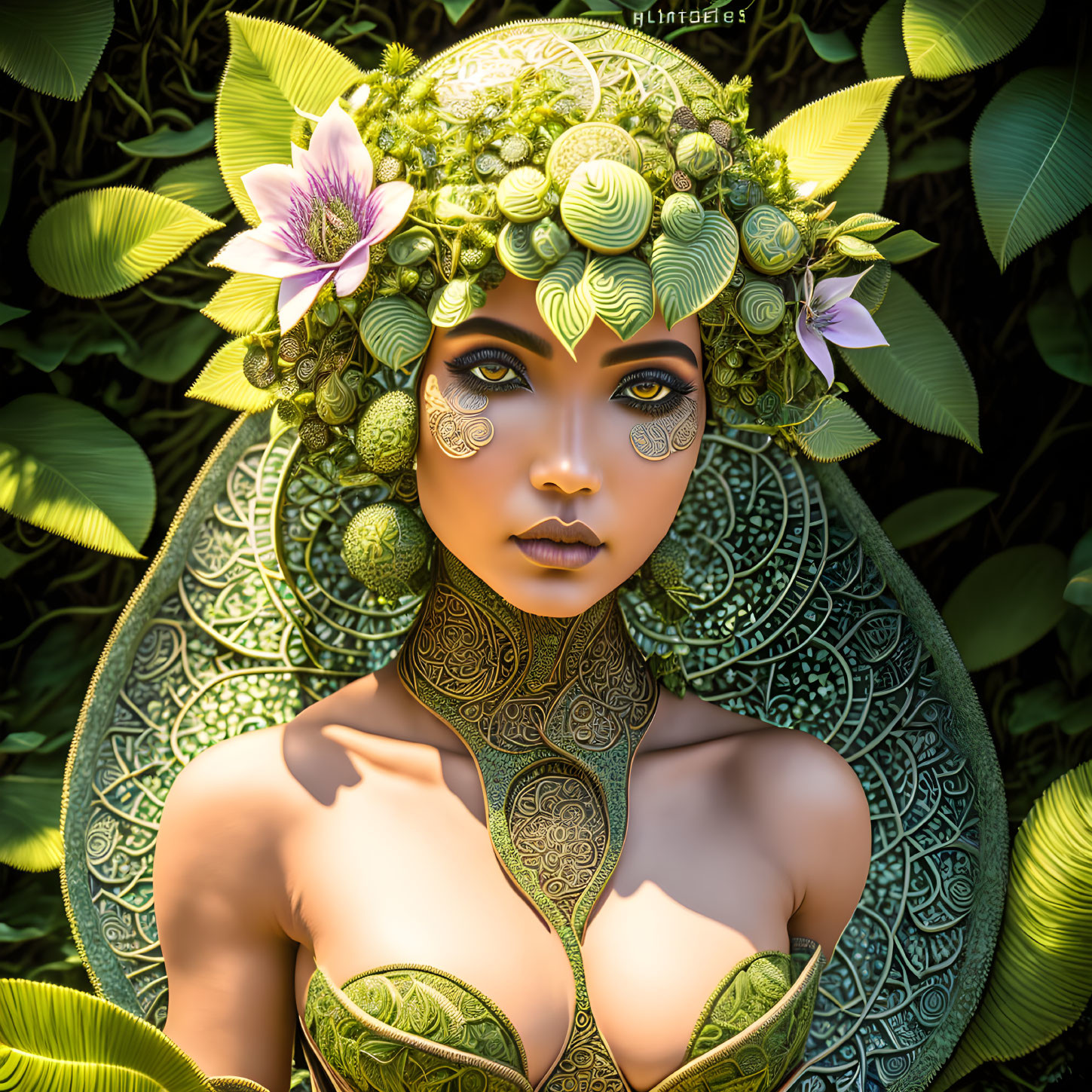 Intricate green body paint with botanical embellishments